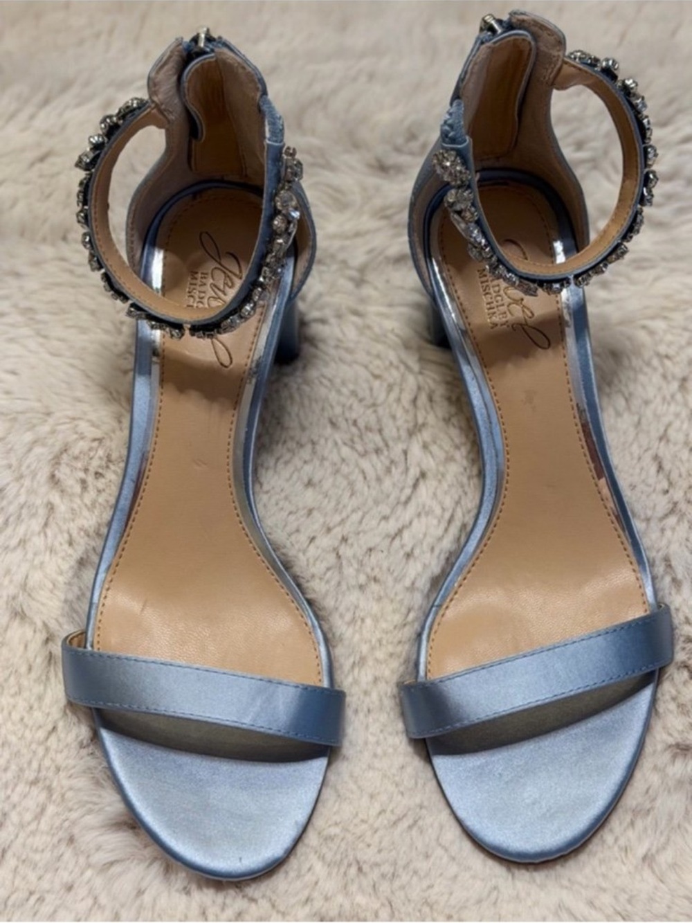 Satin Ankle-Strap Heels with Crystal Embellishment - Light Blue